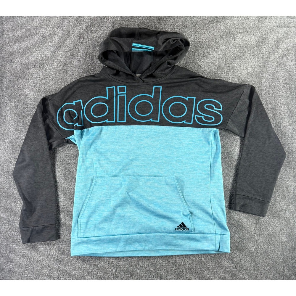 Adidas Boys XL 18/20 Pullover Hoodie Black Blue Colorblock Logo Sweatshirt